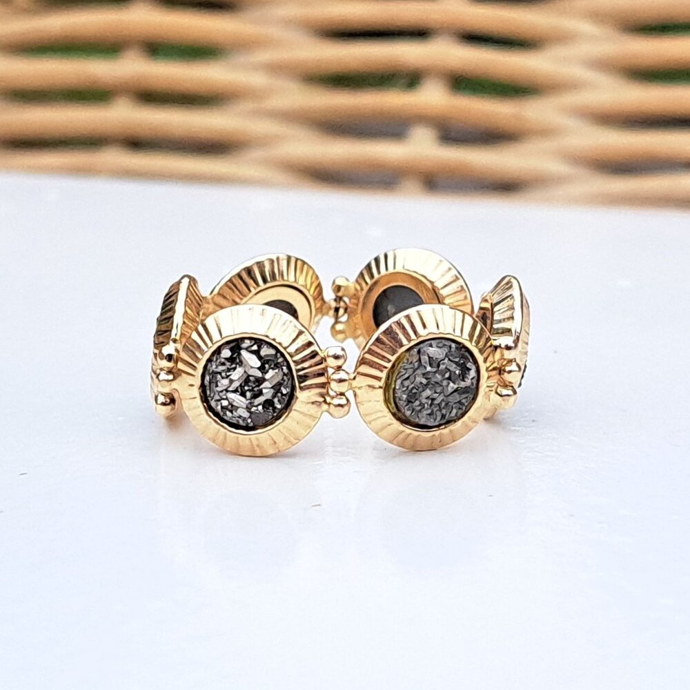 14K Yellow Gold Milor Italy Gray Druzy Medallion Link Ring - Picture 2 of 14